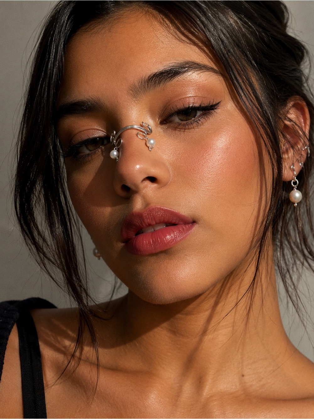 Sterling Silver Faux Nose Cuff with Pearl Drops - Women Accessories